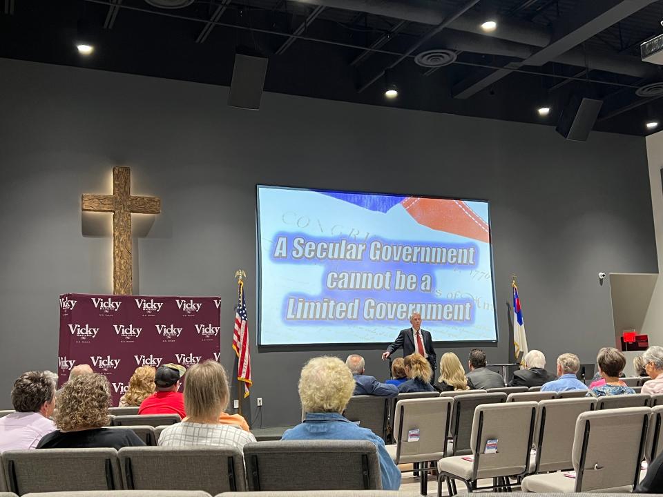 Evangelical author David Barton speaks at Life360 Chesterfield Church in Springfield on May 27, 2022. Barton endorsed U.S. Rep. Vicky Hartzler in the Republican primary race for U.S. Senate.