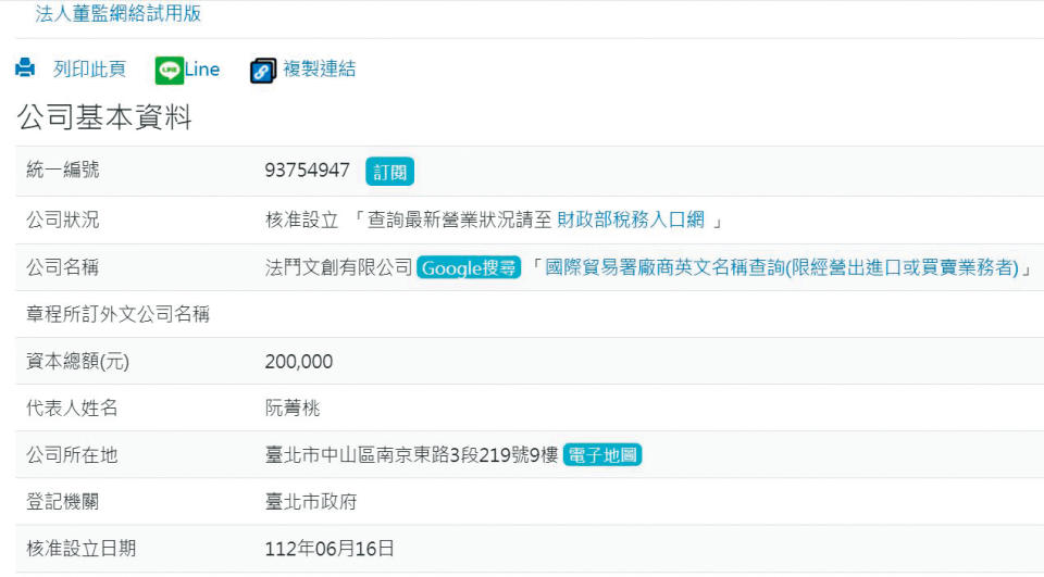 海倫清桃成立法鬥文創有限公司，登記資本額20萬元。（翻攝自經濟部商工登記網頁）