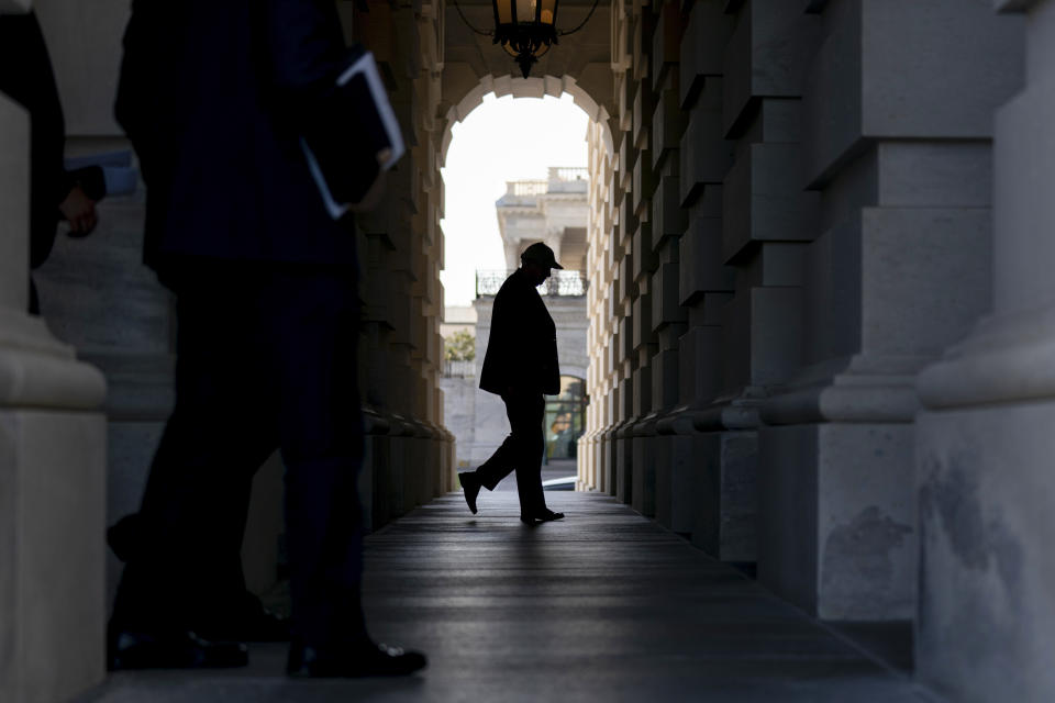 Sen. Lindsey Graham, R-S.C., arrives at the U.S. Capitol for votes, Wednesday, Sept. 29, 2021, in Washington. (AP Photo/Andrew Harnik)