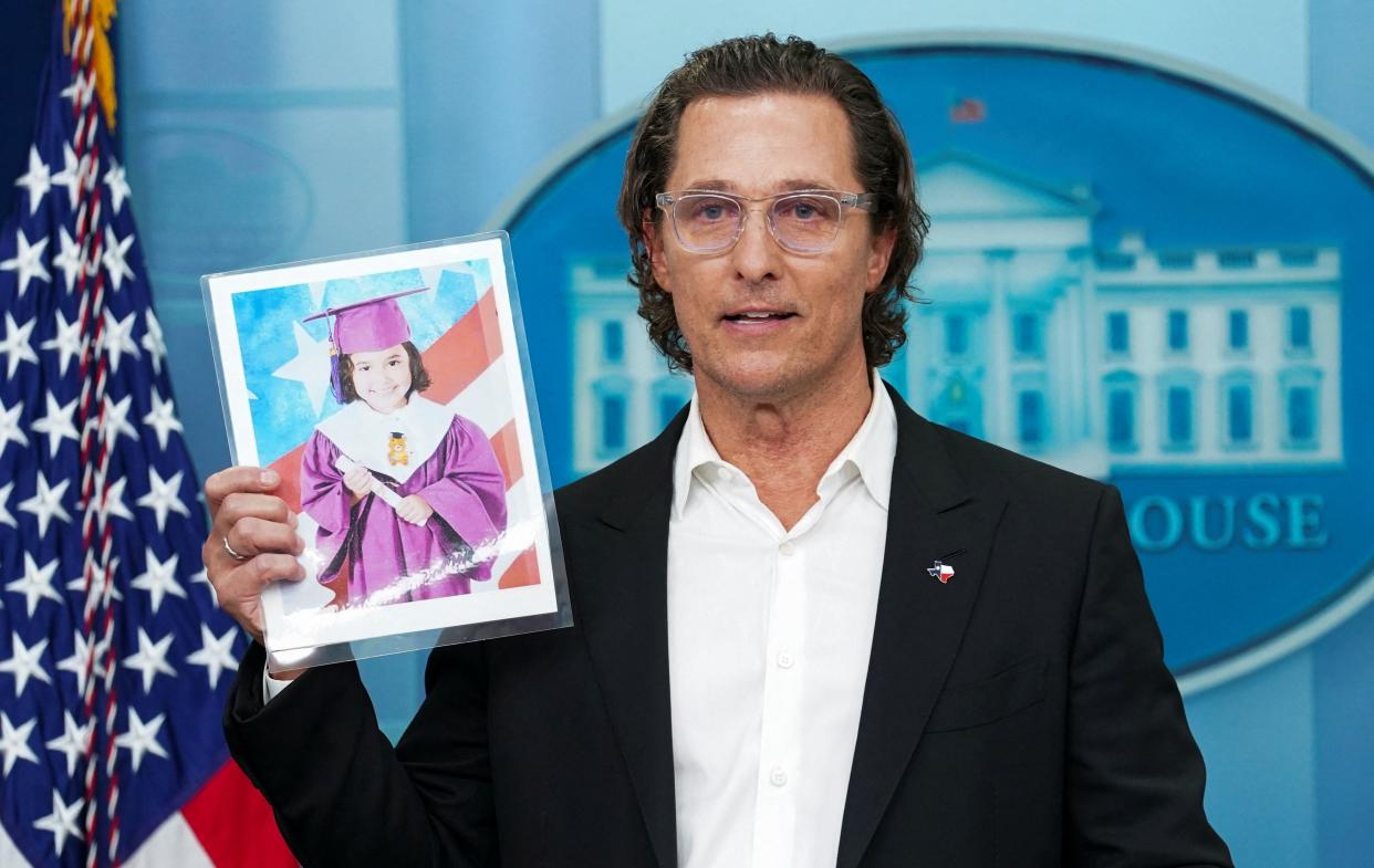 Actor Matthew McConaughey holds a picture of 10-year-old school shooting victim Alithia Ramirez as he speaks to reporters about the recent mass shooting at an elementary school in his hometown of Uvalde, Texas during a press briefing at the White House in Washington, U.S., June 7, 2022. REUTERS/Kevin Lamarque