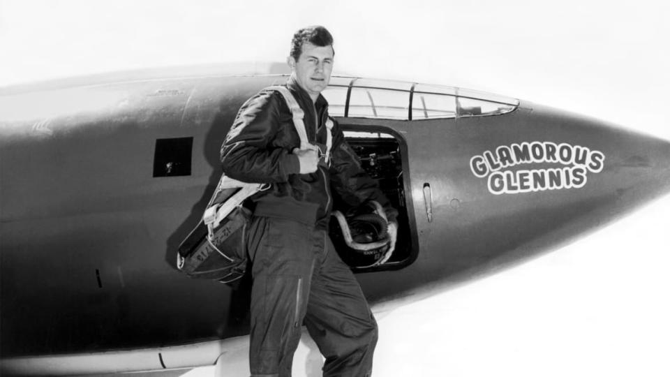 <div class="inline-image__caption"><p>Yeager standing next to the Air Force’s Bell X-1 supersonic research aircraft, Muroc Army Air Force Base, California, October 1947. Yeager named it the Glamorous Glennis after his wife.</p></div> <div class="inline-image__credit">Underwood Archives/Getty</div>