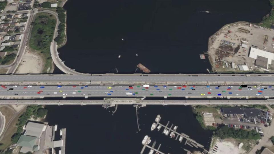 This rendering shows a new traffic pattern on the Washington Bridge, with one additional lane added going both eastbound and westbound, bringing the total number of lanes on just the eastbound side of the bridge to six.