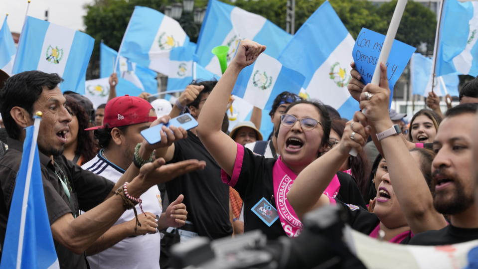 People march against legal actions taken by the Attorney General's office against the Seed Movement party and President-Elect Bernardo Arévalo, in Guatemala City, Saturday, Sept. 2, 2023. Guatemala's Congress has declared the Seed Movement's seven lawmakers — one of whom is Arévalo — independents, which bars them from holding leadership positions. (AP Photo/Moises Castillo)