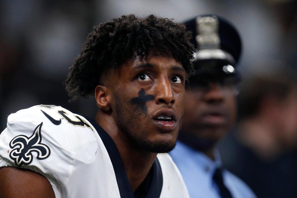 New Orleans Saints wide receiver Michael Thomas (13) sits on the bench in the second half of an NFL wild-card playoff football game against the Minnesota Vikings, Sunday, Jan. 5, 2020, in New Orleans.