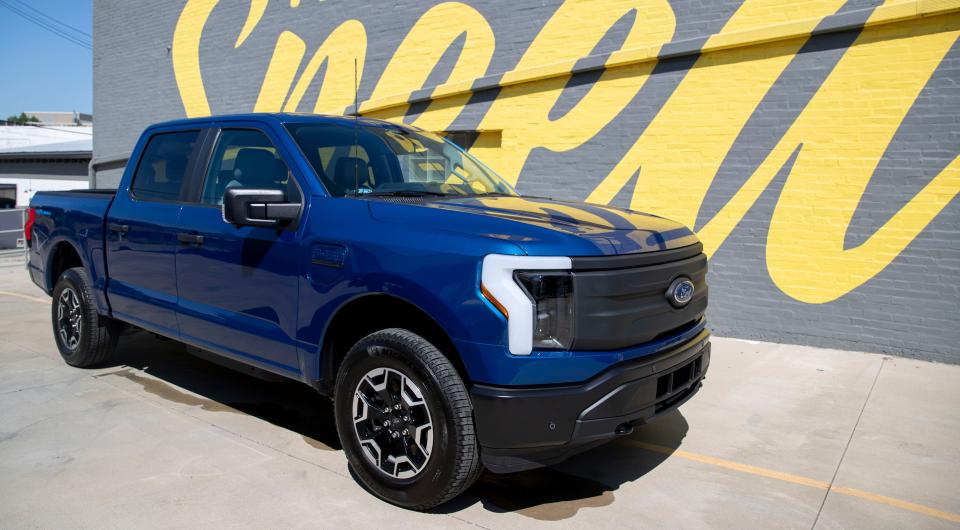 The new Ford F-150 Lightning, an all-electric truck, is parked outside the Edge Motor Museum on Wednesday, June 29, 2022, in Memphis.