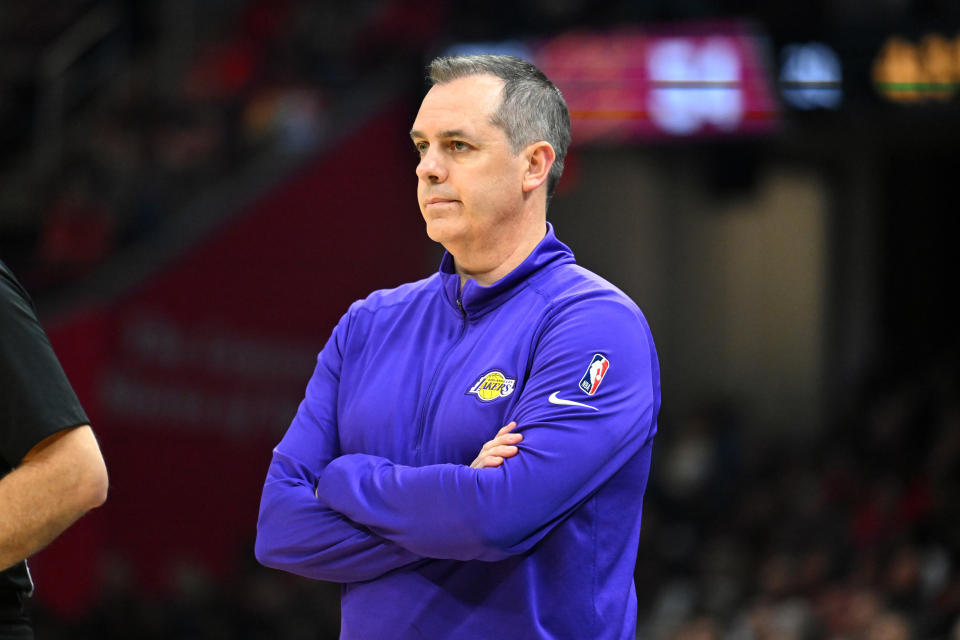 CLEVELAND, OHIO - MARCH 21: Head coach Frank Vogel of the Los Angeles Lakers watches during the second quarter against the Cleveland Cavaliers at Rocket Mortgage Fieldhouse on March 21, 2022 in Cleveland, Ohio. NOTE TO USER: User expressly acknowledges and agrees that, by downloading and/or using this photograph, user is consenting to the terms and conditions of the Getty Images License Agreement. (Photo by Jason Miller/Getty Images)