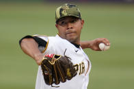 Pittsburgh Pirates starting pitcher Jose Quintana delivers during the first inning of a baseball game against the St. Louis Cardinals in Pittsburgh, Saturday, May 21, 2022. (AP Photo/Gene J. Puskar)