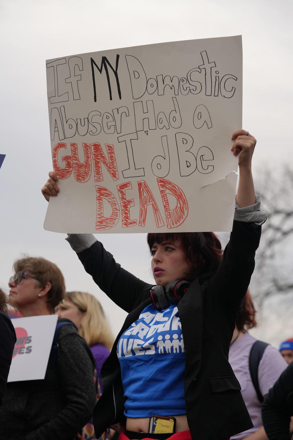 Gun control activists rally outside the Supreme Court on Washington on Tuesday, Nov. 7, 2023. The court will hear arguments in the case, U.S. v. Rahimi, about a challenge to a federal law that prohibits people from having guns if they are under a court order to stay away from their spouse, partner or other family members.