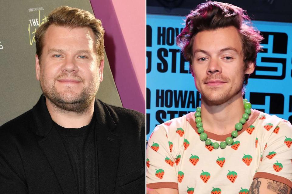 Allen Berezovsky/Getty Images; Cindy Ord/Getty Images James Corden cheered on longtime friend Harry Styles at his final Love on Tour show in Italy on July 22.