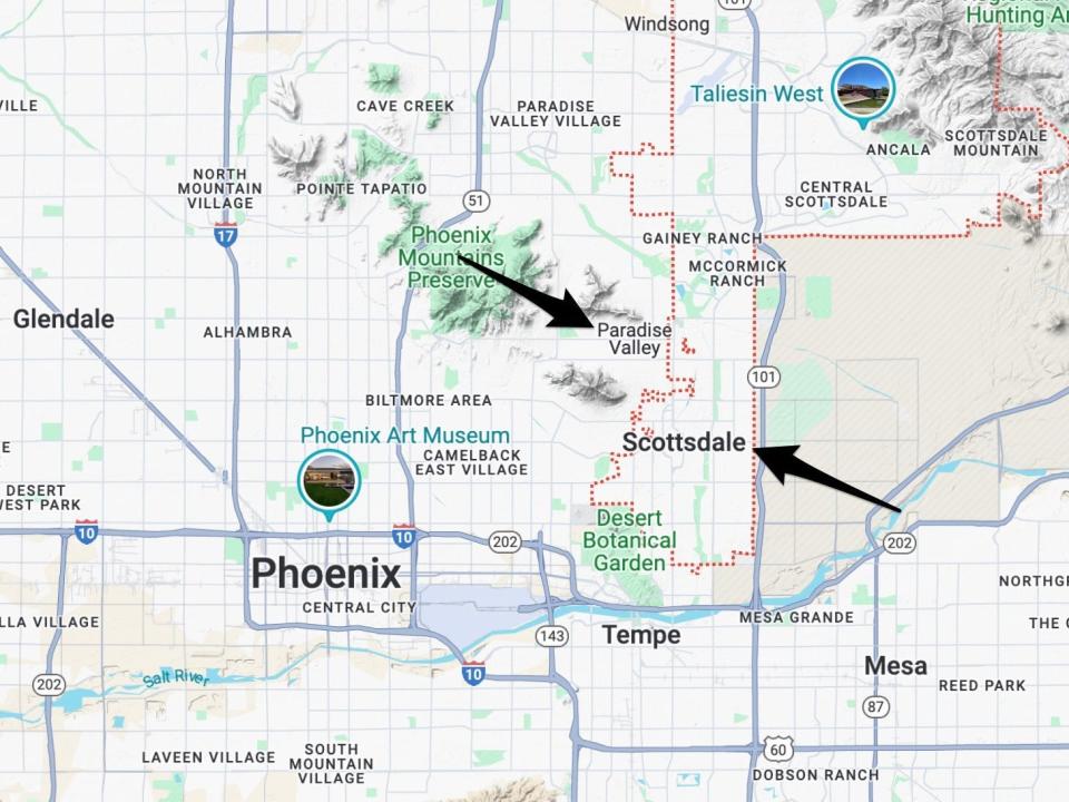 A map of Arizona with black arrows pointing to Scottsdale and Paradise Valley