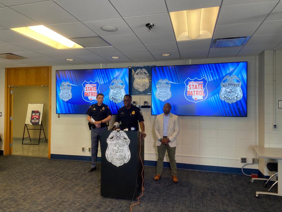 Milwaukee Police Chief Jeffrey Norman, center, announces the beginning of three additional initiatives aimed at combating reckless driving. He was joined by Wisconsin State Patrol Superintendent Timothy Carnahan, left, and Milwaukee Mayor Cavalier Johnson.