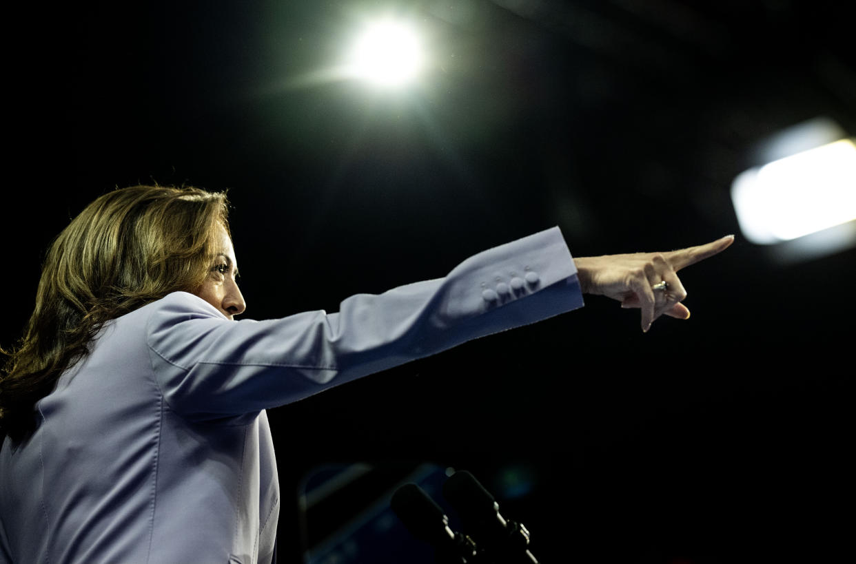 LAS VEGAS, NEVADA: On the U.S. Presidential campaign trail stopping in battleground states, Vice President Kamala Harris points toward the Nevada lawmaker delegation and packed crowd of Nevada voters during a rally at University of Las Vegas Thomas & Mack Center in Las Vegas, Nevada on Saturday  August 10, 2024. (Melina Mara/The Washington Post via Getty Images)