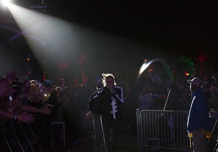 Lead vocalist Win Butler of rock band Arcade Fire performs at the Coachella Valley Music and Arts Festival in Indio