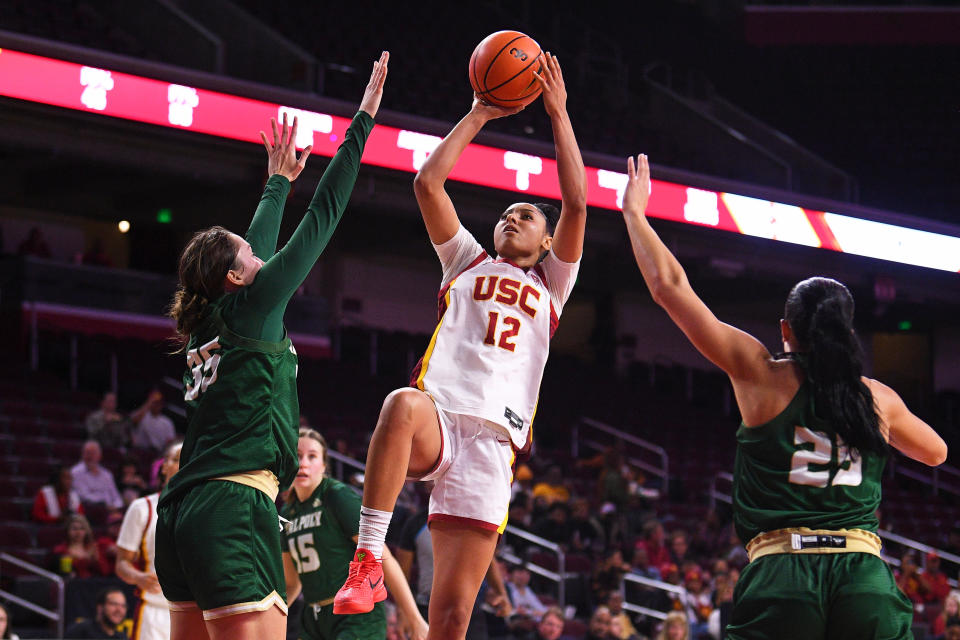 LOS ANGELES, CA - NOVEMBER 28: USC Trojans guard JuJu Watkins (12) goes up for a shot during the women's college basketball game between the Cal Poly Mustangs and the USC Trojans on November 28, 2023 at Galen Center in Los Angeles, CA. (Photo by Brian Rothmuller/Icon Sportswire via Getty Images)