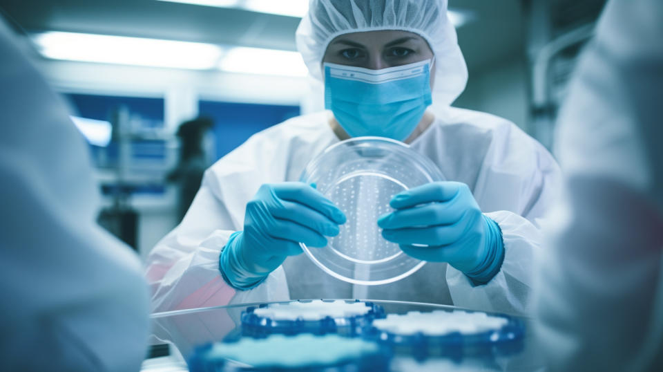 A laboratory worker in a white lab coat handling Biako¯s Antimicrobial Skin and Wound Cleanser.