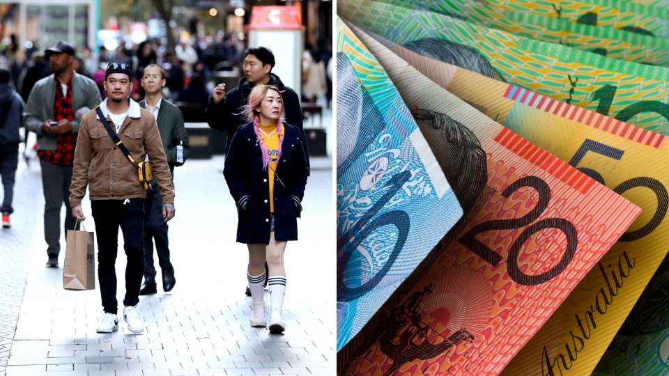 People walk down a busy street and Australian currency fanned out to represent increased rate payments.