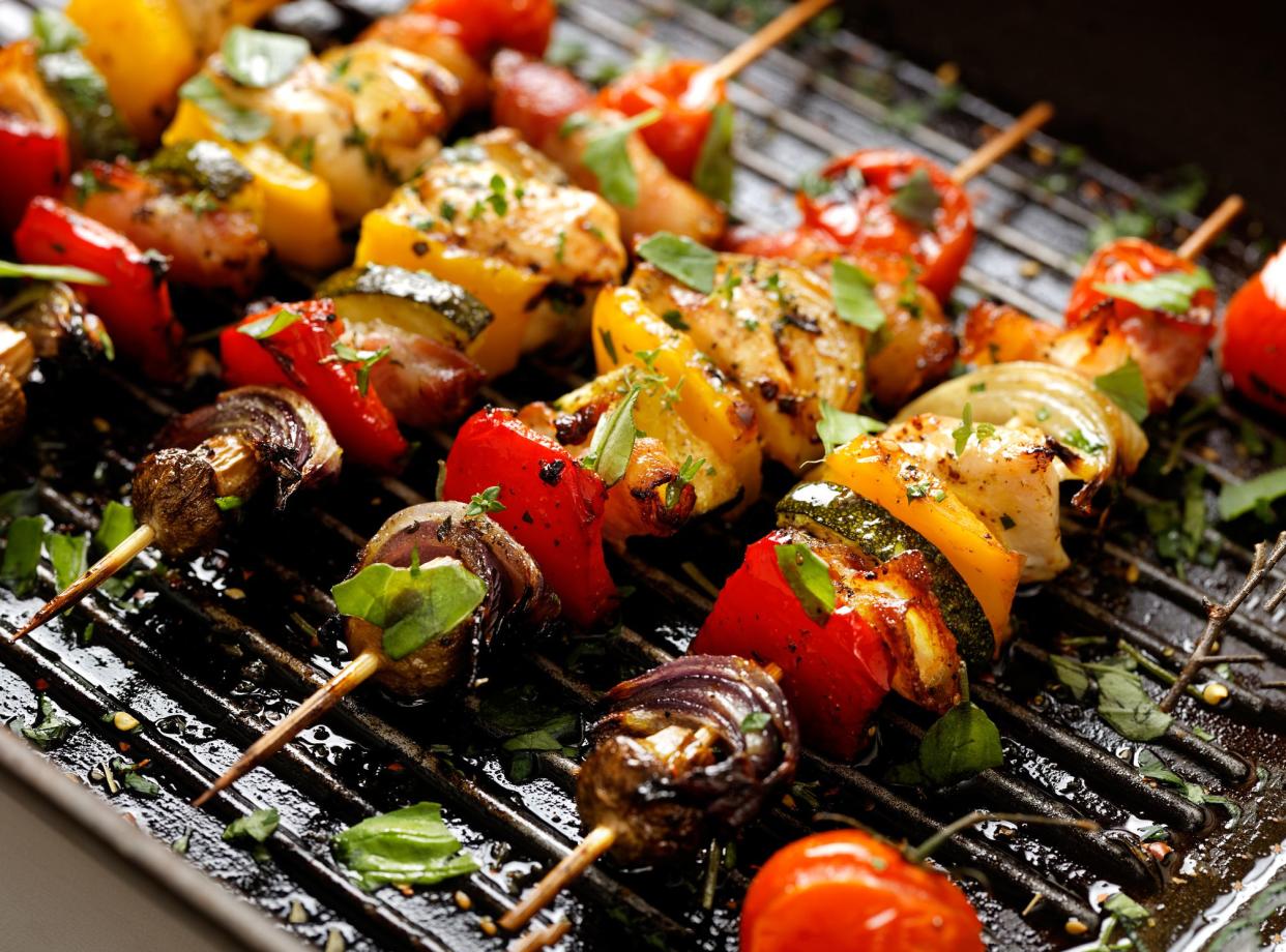 Grilled skewers of vegetatbles and various meat