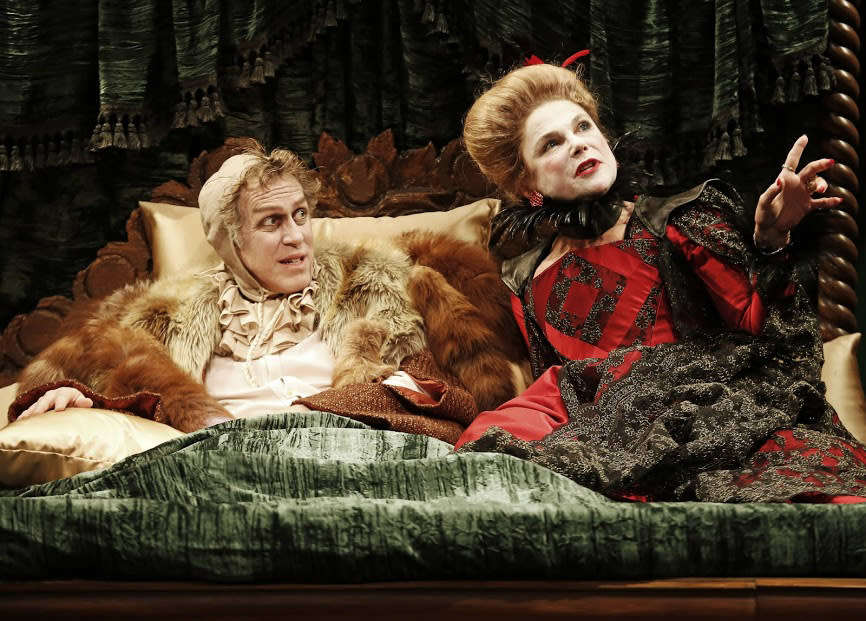 This undated publicity photo released by David Gersten and Associates shows, from left, Stephen Spinella and Tovah Feldshuh, in a scene from Red Bull Theater’s production of Ben Jonson’s classic "Volpone," currently performing off-Broadway at the Lucille Lortel Theatre in New York. (AP Photo/David Gersten and Associates, Carol Rosegg)