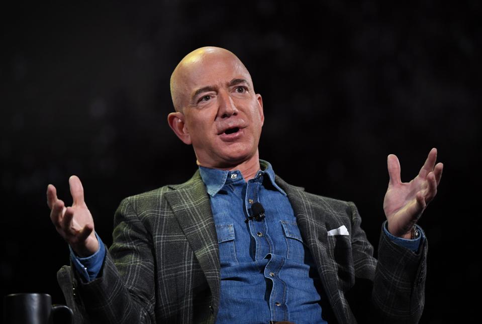 Amazon Founder and CEO Jeff Bezos addresses the audience during a keynote session at the Amazon Re:MARS conference on robotics and artificial intelligence at the Aria Hotel in Las Vegas, Nevada on June 6, 2019. (Photo by Mark RALSTON / AFP)        (Photo credit should read MARK RALSTON/AFP via Getty Images)