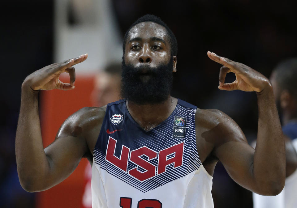 United States&#39; James Harden reacts during the final World Basketball match between the United States and Serbia at the Palacio de los Deportes stadium in Madrid, Spain, Sunday, Sept. 14, 2014. (AP Photo/Daniel Ochoa de Olza)