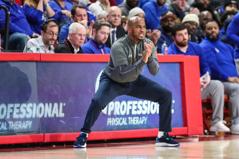 Seton Hall Pirates head coach Shaheen Holloway yells out instructions in the second half against the St. John's Red Storm at Carnesecca Arena.