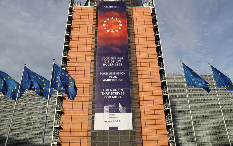 European Union flags fly outside the European Commission headquarters in Brussels