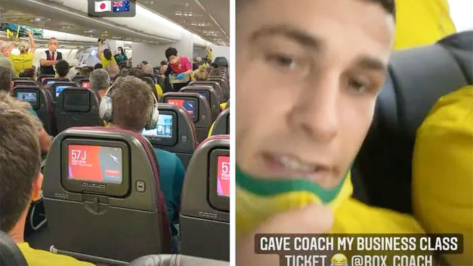 Harry Garside is seen sitting up the back of the plane after a wonderful gesture for his coach. Pic: Instagram