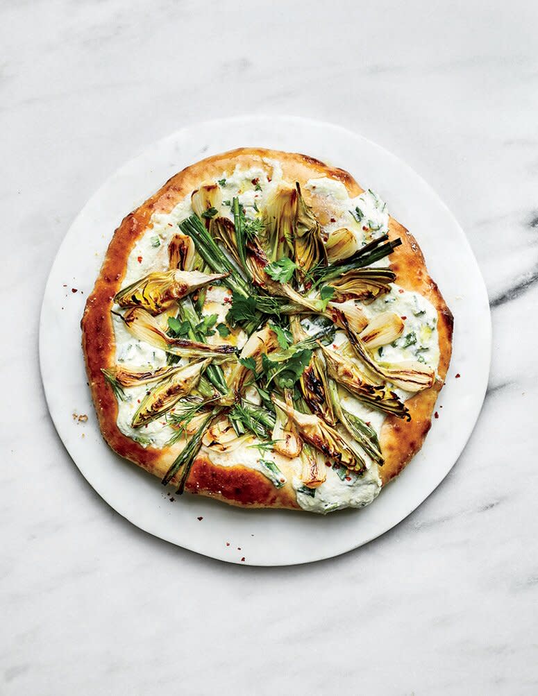 May: Charred Spring Onion and Baby Artichoke Pizza