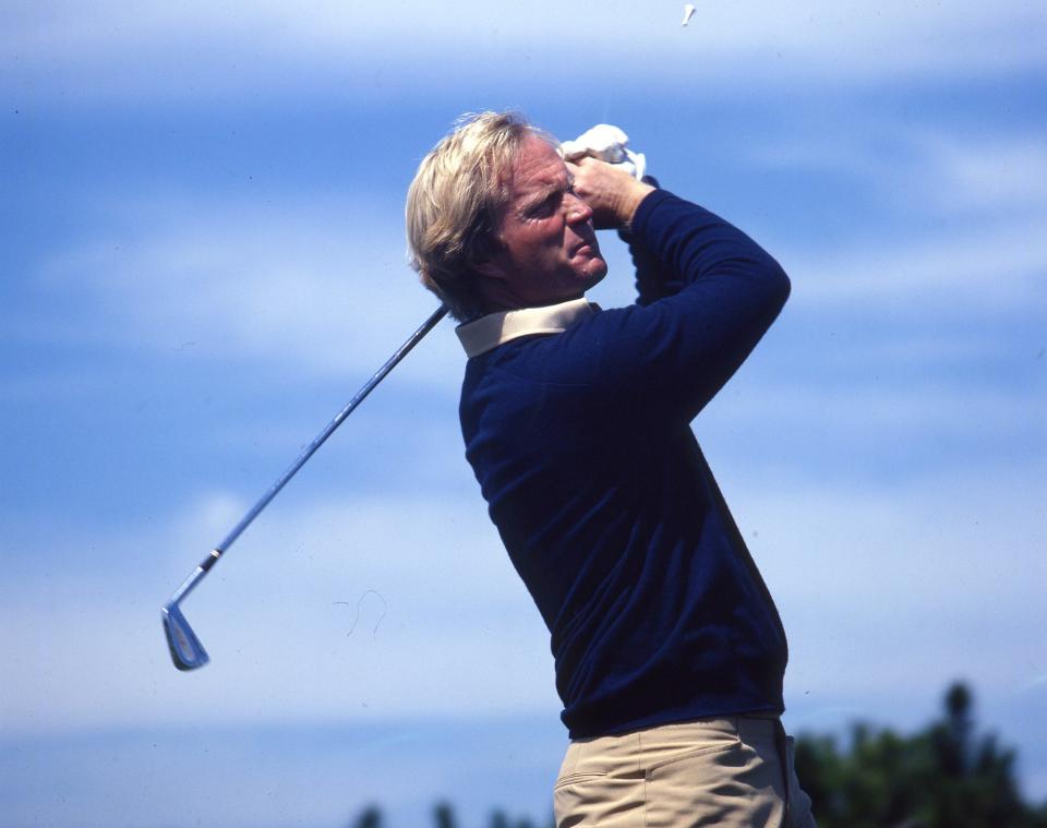 Jack Nicklaus watches a tee shot during the 1978 Players Championship at the Sawgrass Country Club. He won for the third time, a Players record that still stands.