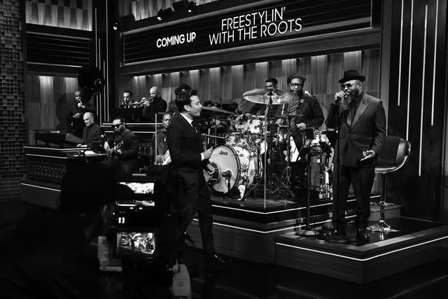 <p>Todd Owyoung/NBCUniversal</p> Jimmy Fallon with The Roots' Tariq 'Black Thought' Trotter on 'The Tonight Show' on Jan. 9, 2024