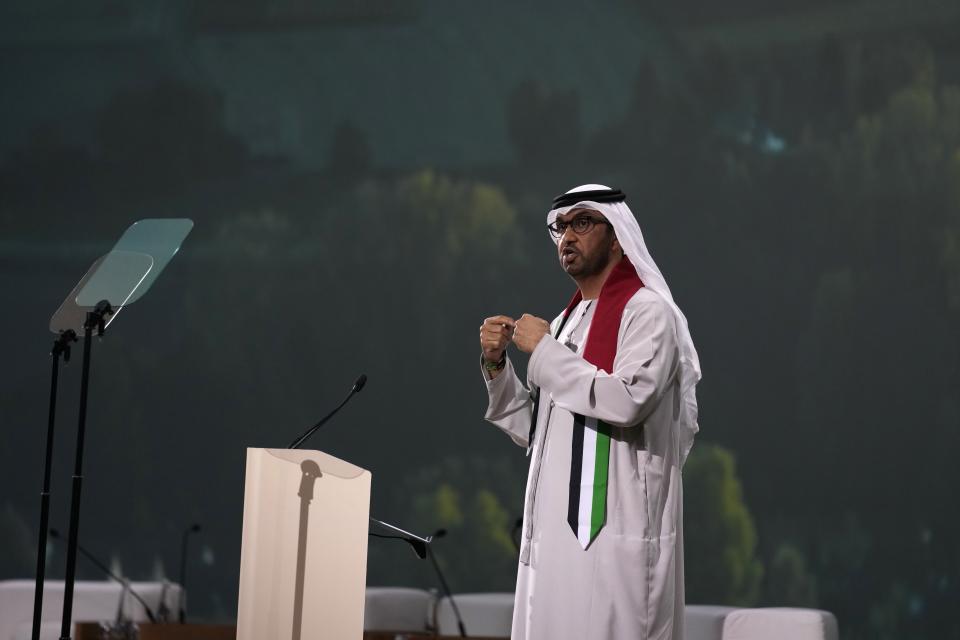 COP28 President Sultan al-Jaber speaks during a session at the COP28 U.N. Climate Summit, Saturday, Dec. 2, 2023, in Dubai, United Arab Emirates. (AP Photo/Kamran Jebreili)