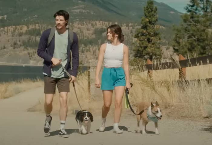 lucy hale and grant gustin walking the dogs in 'puppy love'