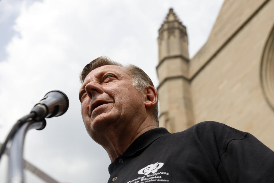 Father Michael Pfleger speaks for first time during a press conference after his reinstatement as the senior pastor at St. Sabina Church by Archdiocese of Chicago, Monday, May 24, 2021 at St. Sabina Catholic Church in the Auburn Gresham neighborhood in Chicago. (AP Photo/Shafkat Anowar)
