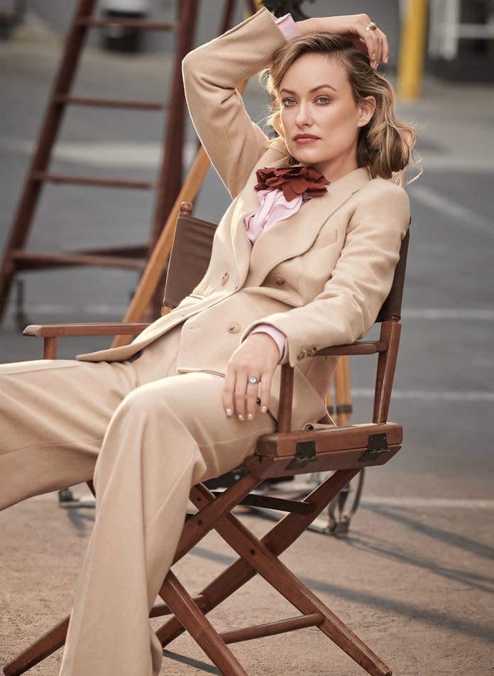 <p>Wilde in a Max Mara jacket and trousers. Victoria Beckham blouse. Foundrae ring (on right hand). Photo by Pamela Hanson/LGA Management.</p>