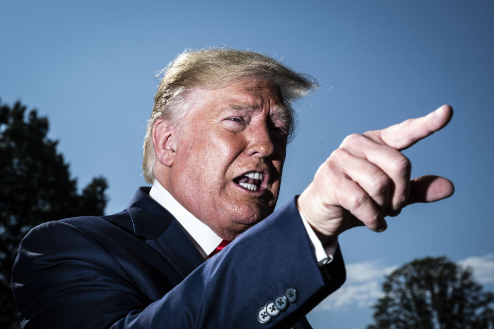 WASHINGTON, DC - AUGUST 9 : President Donald J. Trump stops to talk to reporters and members of the media as he walks to Marine One to depart from the South Lawn at the White House on Friday, Aug 09, 2019 in Washington, DC. (Photo by Jabin Botsford/The Washington Post via Getty Images)