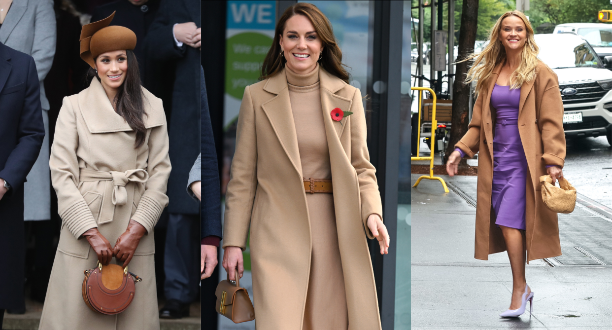 camel coat, Best camel coats for women in 2023, meghan markle wearing camel sentaler coat, kate middleton wearing camel fall winter coat jacket, reese witherspoon in purple dress and long camel coat with brown bottega veneta bag