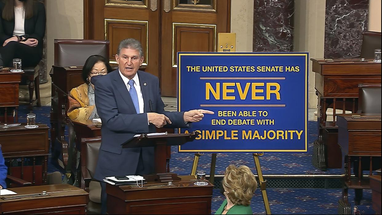 In this image from Senate Television, Sen. Joe Manchin, D-W.Va., speaks on the floor of the U.S. Senate Wednesday, Jan. 19, 2022, at the U.S. Capitol in Washington, D.C.