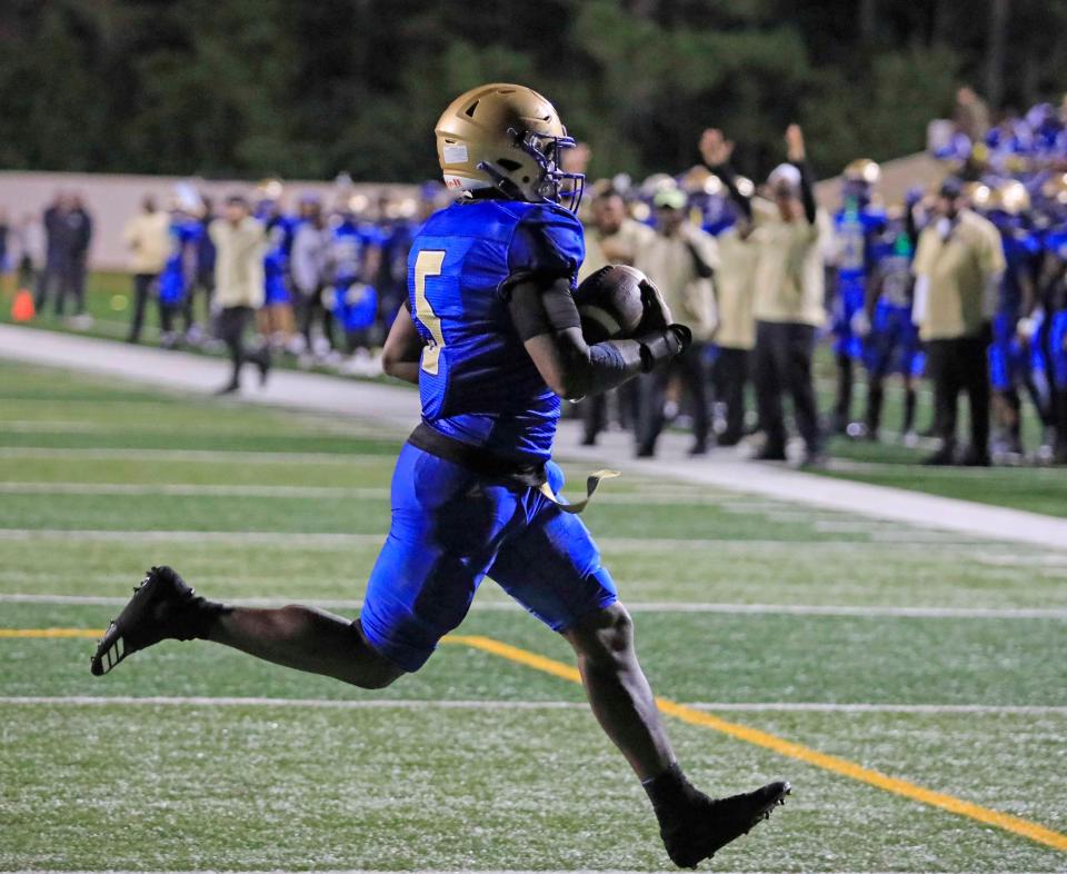 Mainland’s Rodney Hill (5) runs down the field scoring a touchdown during Friday night’s playoff game against Sebring November 24th, 2023 at Daytona Stadium.