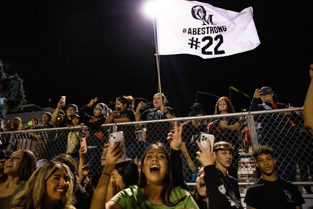 Organ Mountain football players celebrate their win during a high school football on Thursday, Sept. 1, 2022, at the Field of Dreams. Abraham Romero, the Organ Mountain High School football player who collapsed on the field Aug. 26 in a game against Deming, passed away Saturday, Sept. 17.