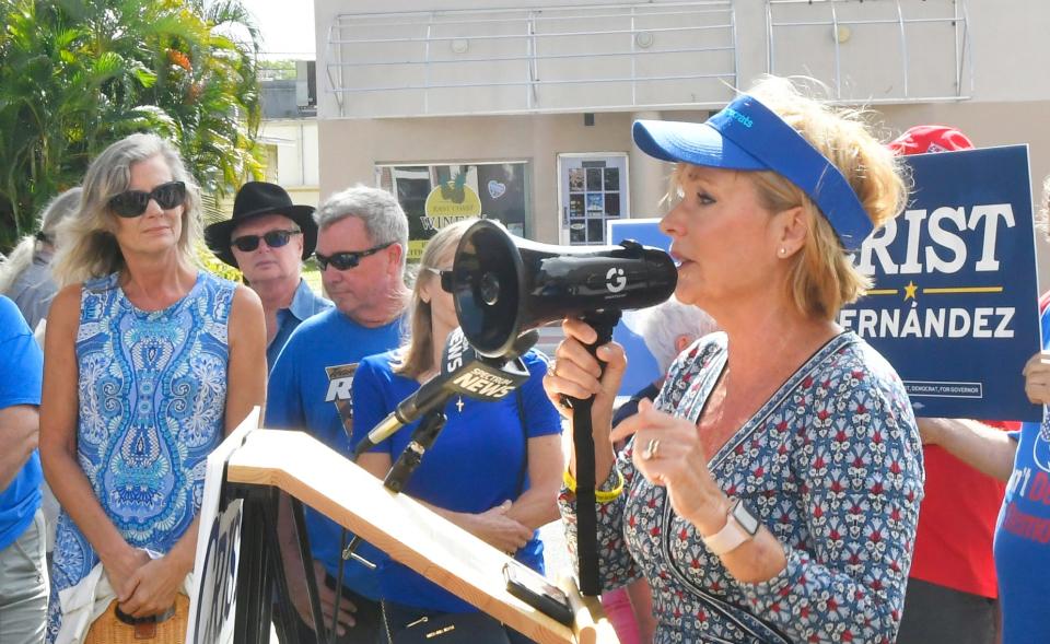 Pamela Castellana, chair of the  Brevard Democratic Executive Committee, addresses attendees at a rally on Monday in downtown Melbourne for Democrat Charlie Crist, who was running for governor.