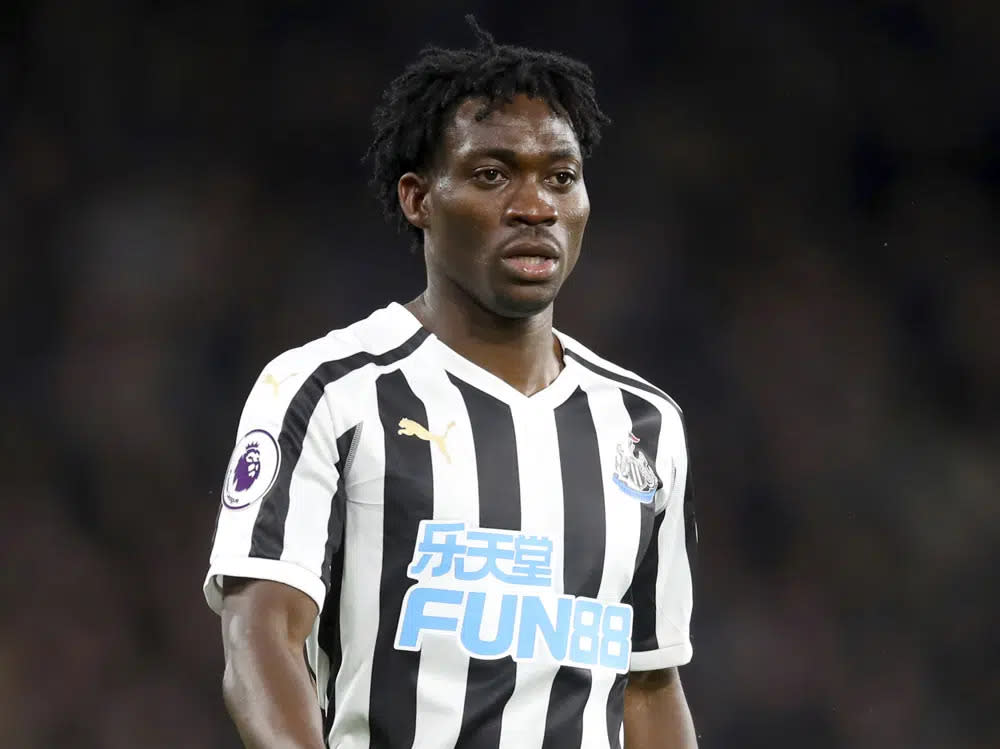 Christian Atsu plays for Newcastle United, Jan. 12, 2019. (Adam Davy/PA via AP, File)