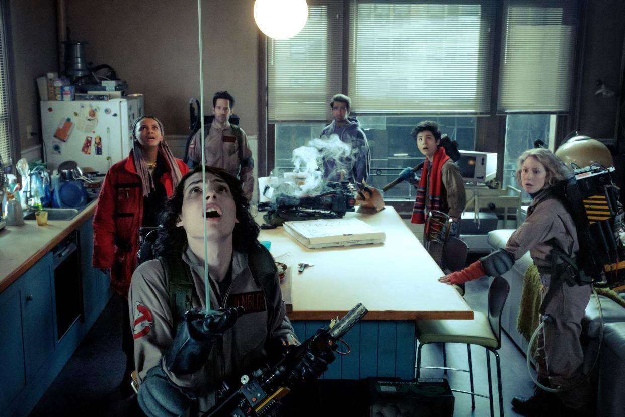 Trevor (Finn Wolfhard, front) checks out a slime leak while Lucky (Celeste O’Connor), Gary (Paul Rudd), Nadeem (Kamail Nanjiani), Podcast (Logan Kim) and Callie (Carrie Coon) prepare for the coming of Garraka in "Ghostbusters: Frozen Empire."