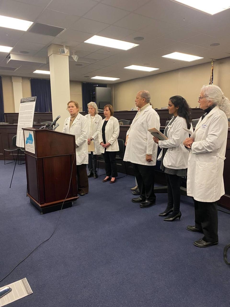 Dr. Nancy Newman, a doctor with Kentucky Physicians for Reproductive Freedom, speaks in Frankfort on Feb. 28, 2024. The physician group, representing more than 280 doctors statewide, called for lawmakers to repeal Kentucky’s abortion bans.