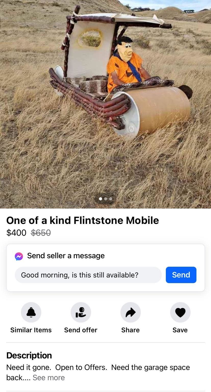 A hand-built Flintstone-style car in a grassy field is pictured in a listing with the price reduced from $650 to $400. The seller is open to offers