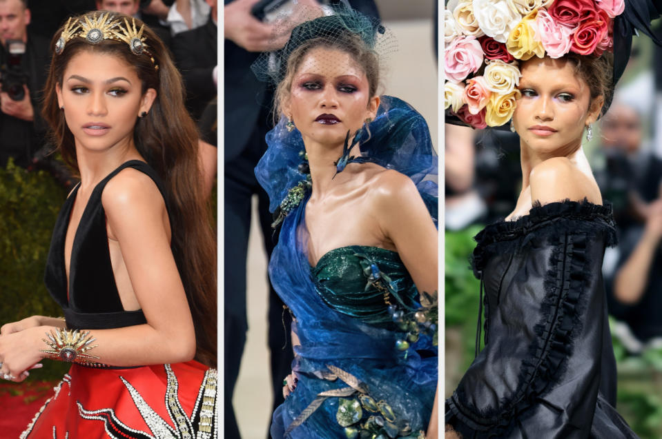 Three images of Zendaya in different outfits: bejeweled dress with headpiece, avant-garde blue gown, black dress with flower headpiece