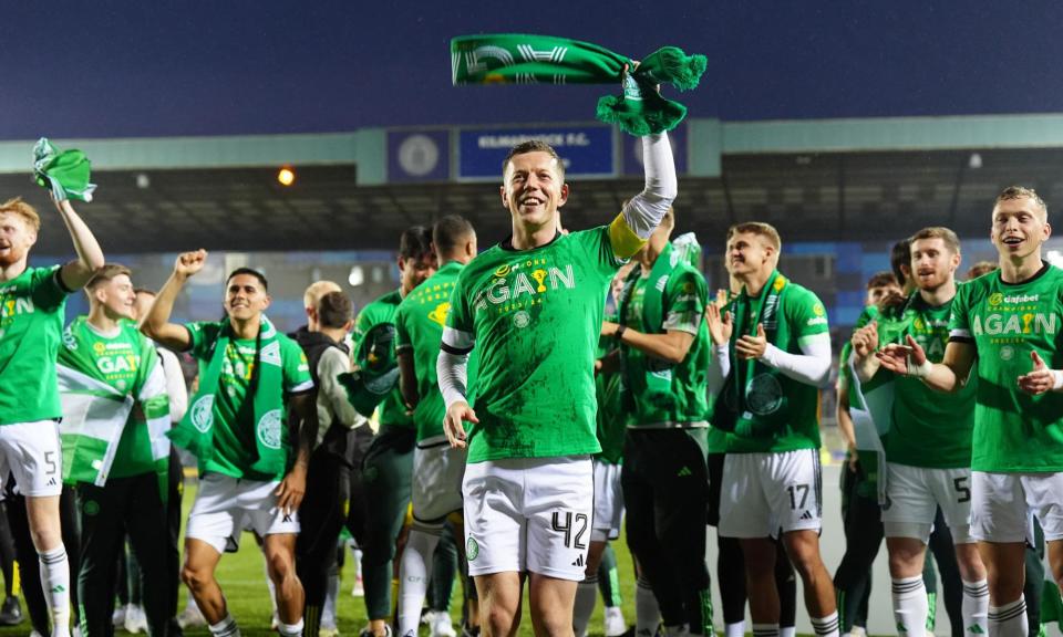 <span>Callum McGregor, the Celtic captain, leads the title celebrations after their 5-0 win at Kilmarnock.</span><span>Photograph: Jane Barlow/PA</span>