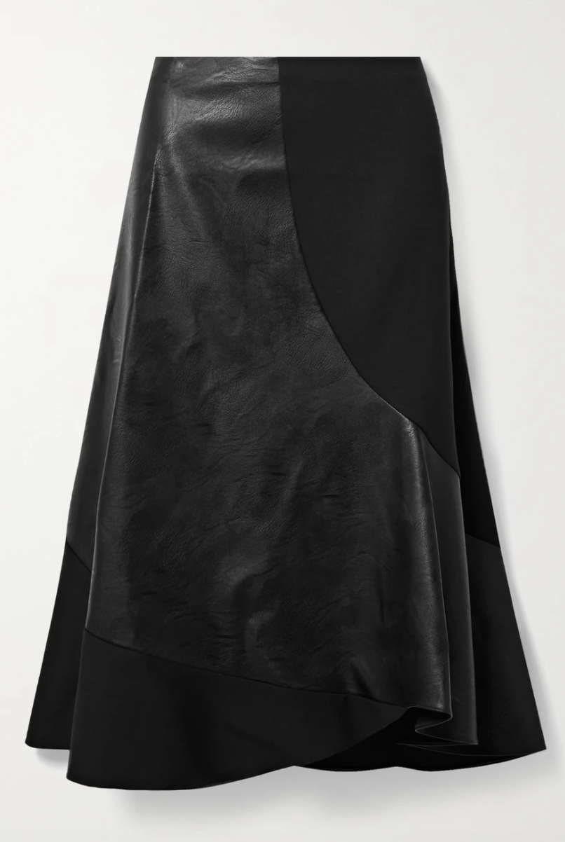 9) Brenda paneled stretch-wool and vegetarian leather midi skirt