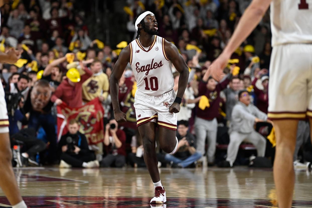 Jan 20, 2024; Chestnut Hill, Massachusetts, USA; Boston College Eagles guard Prince Aligbe (10) reacts to making a basket during the first half against the North Carolina Tar Heels at Conte Forum. Mandatory Credit: Eric Canha-USA TODAY Sports