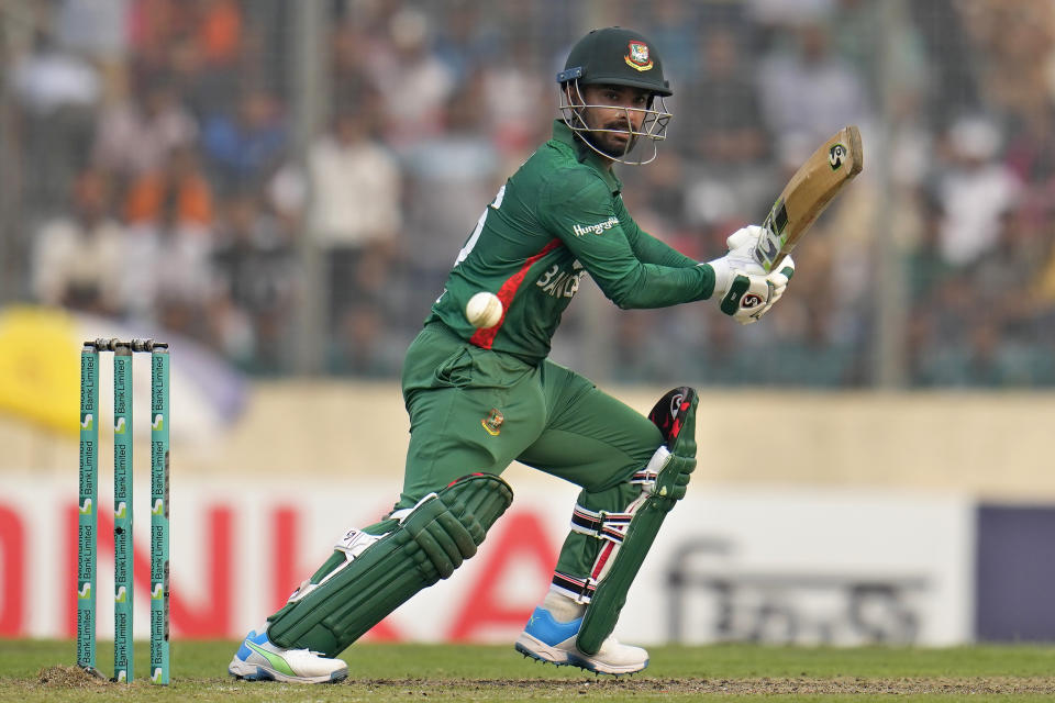 Bangladesh's Litton Das plays a shot during the third and last T20 cricket match between Bangladesh and England in Dhaka, Bangladesh, Tuesday, March 14, 2023. (AP Photo/Aijaz Rahi)