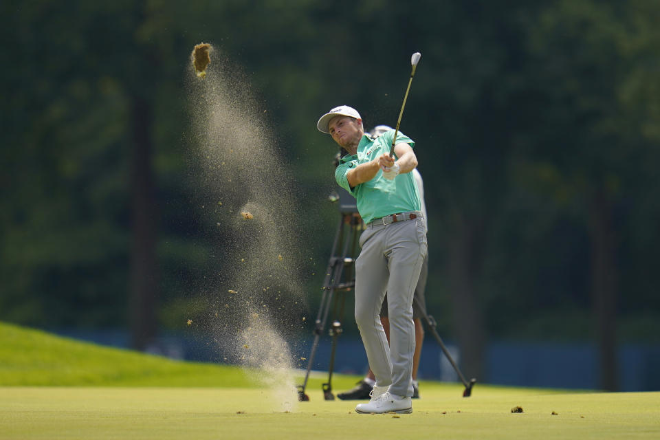 Will Zalatoris hits from the eighth fairway during the second round of the BMW Championship golf tournament at Wilmington Country Club, Friday, Aug. 19, 2022, in Wilmington, Del. (AP Photo/Julio Cortez)